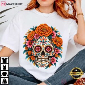 Floral Sugar Skull Day Of The Dead Dia De Los Muertos T Shirt (2)