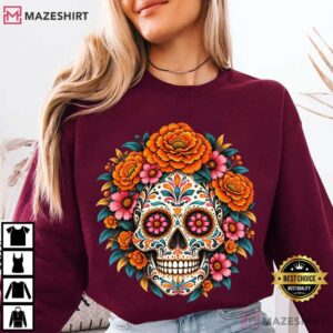 Floral Sugar Skull Day Of The Dead Dia De Los Muertos T Shirt (3)