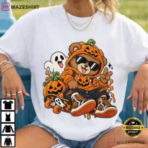 Halloween Bear Cute Skateboard Bear Spooky Ghost T Shirt (1)