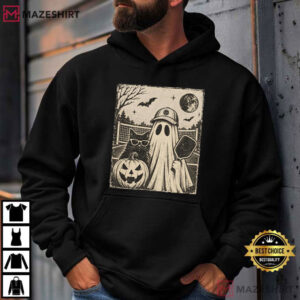Halloween Pickleball Retro Ghost And Black Cat Graphic T Shirt (4)
