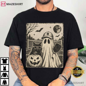 Halloween Pickleball Retro Ghost And Black Cat Graphic T Shirt (1)