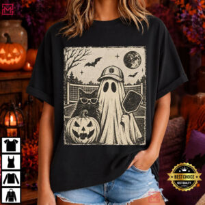 Halloween Pickleball Retro Ghost And Black Cat Graphic T Shirt (2)