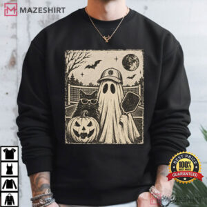Halloween Pickleball Retro Ghost And Black Cat Graphic T Shirt (3)